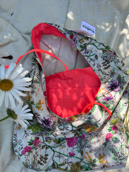 "Coral Splash" Kantha Quilt Large Slouchy Tote