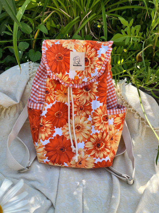 "Orange Daisy" Vintage Print Quilted Drawstring Backpack