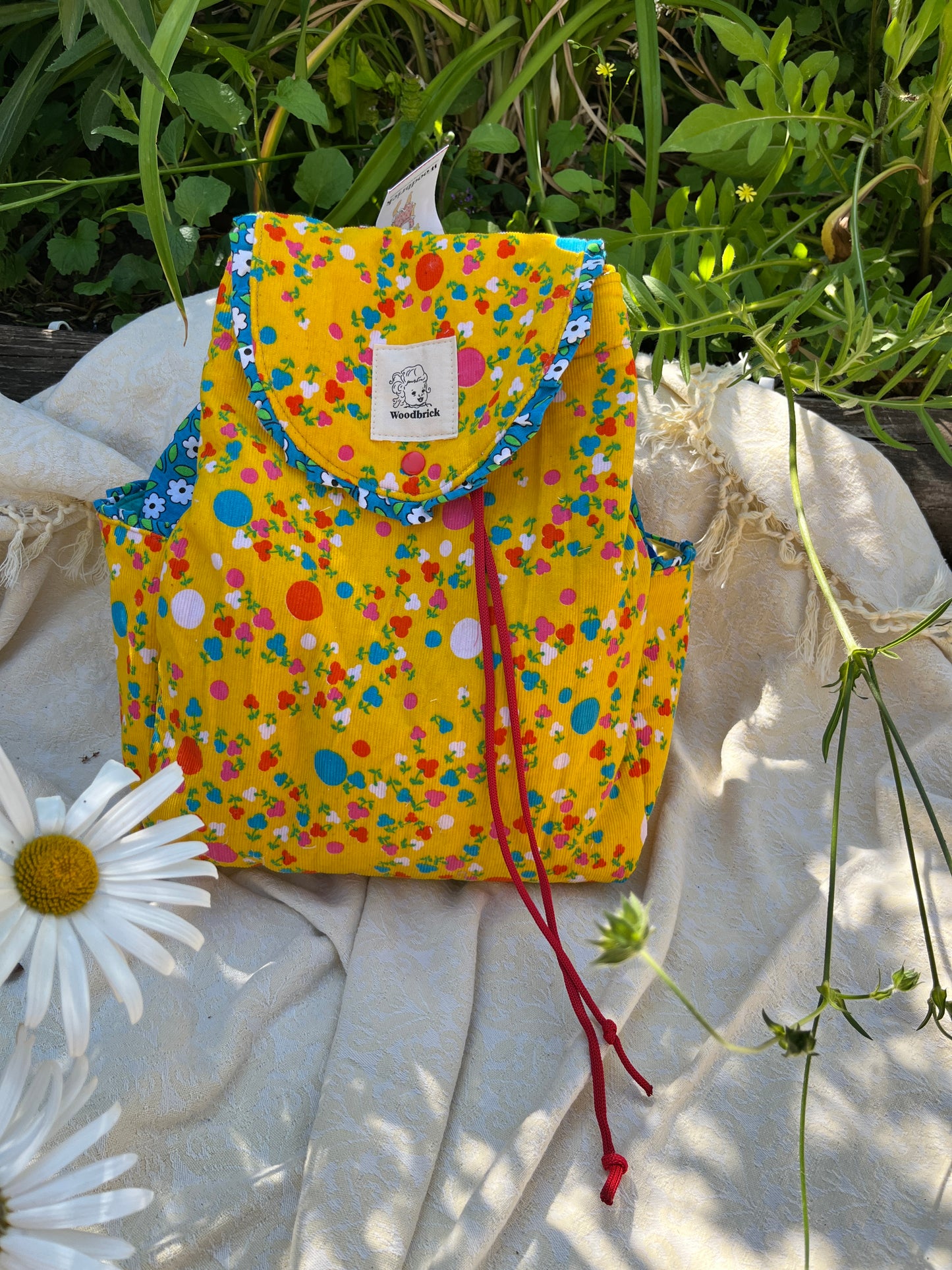 "Sunshine" Vintage Corduroy Quilted Drawstring Backpack