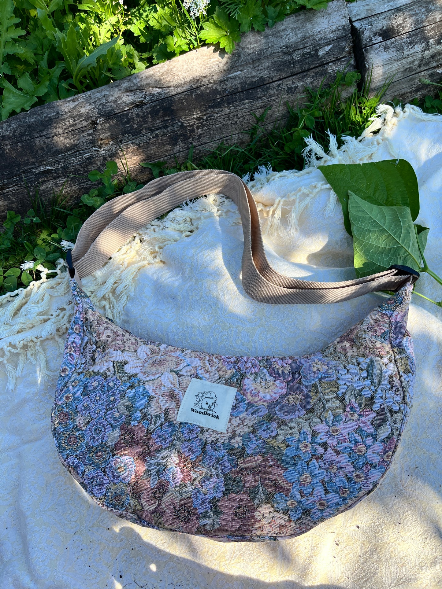 "Cottage Couch" Upcycled Upholstery Classic Crescent Bag