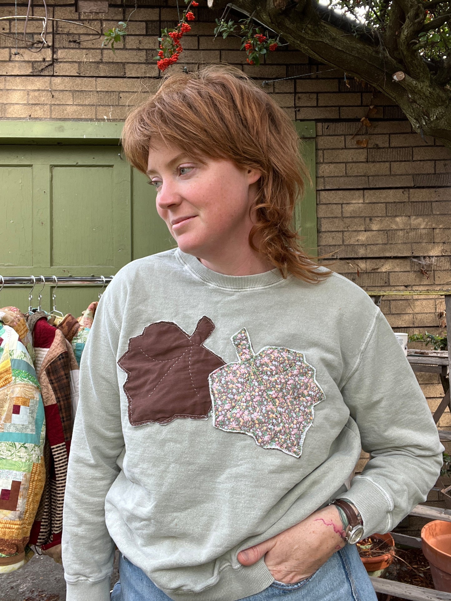 "Sage and time" Appliqued Sweater