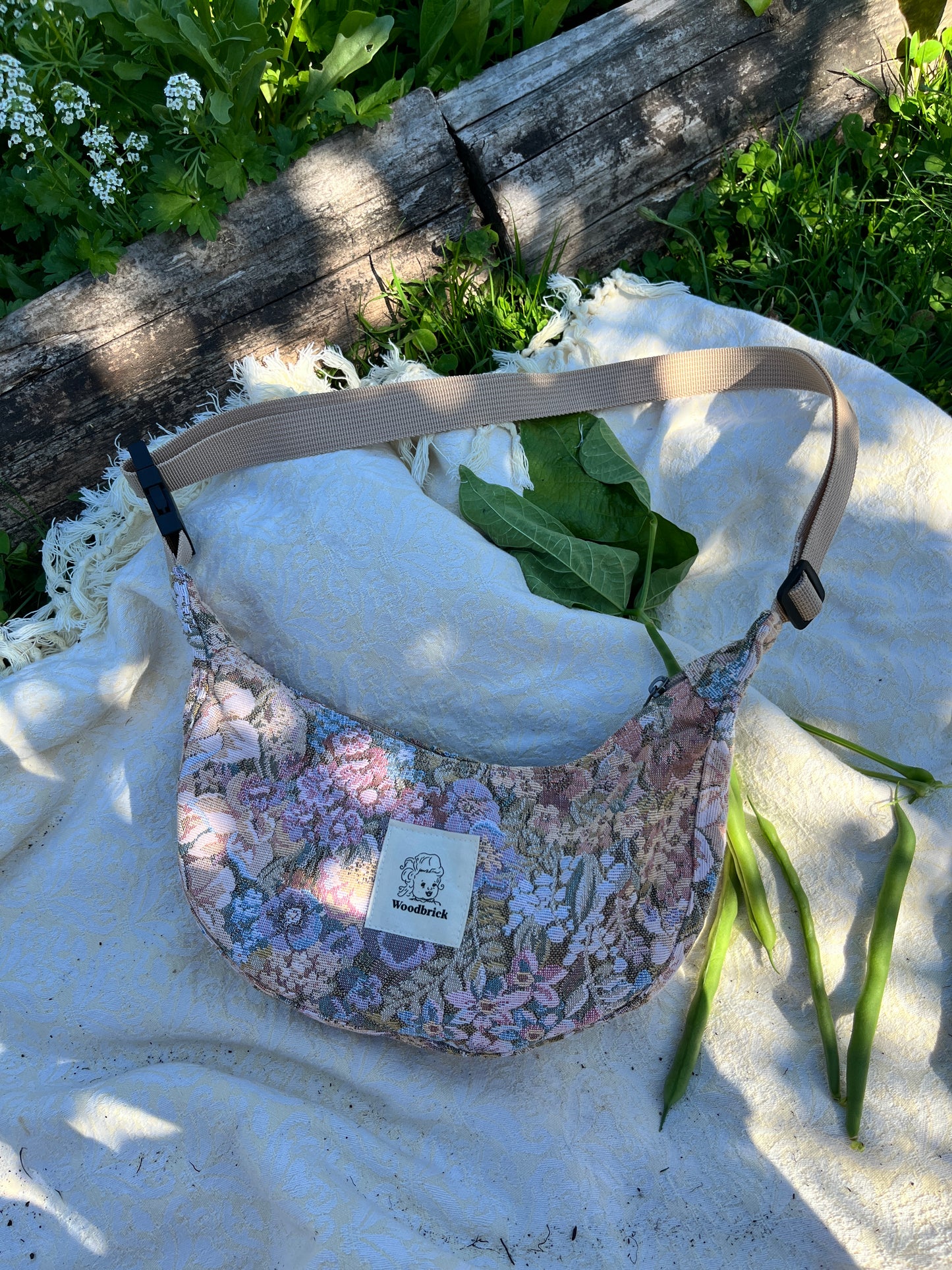 "Cottage Couch" Upcycled Upholstery Sidekick Crescent Bag
