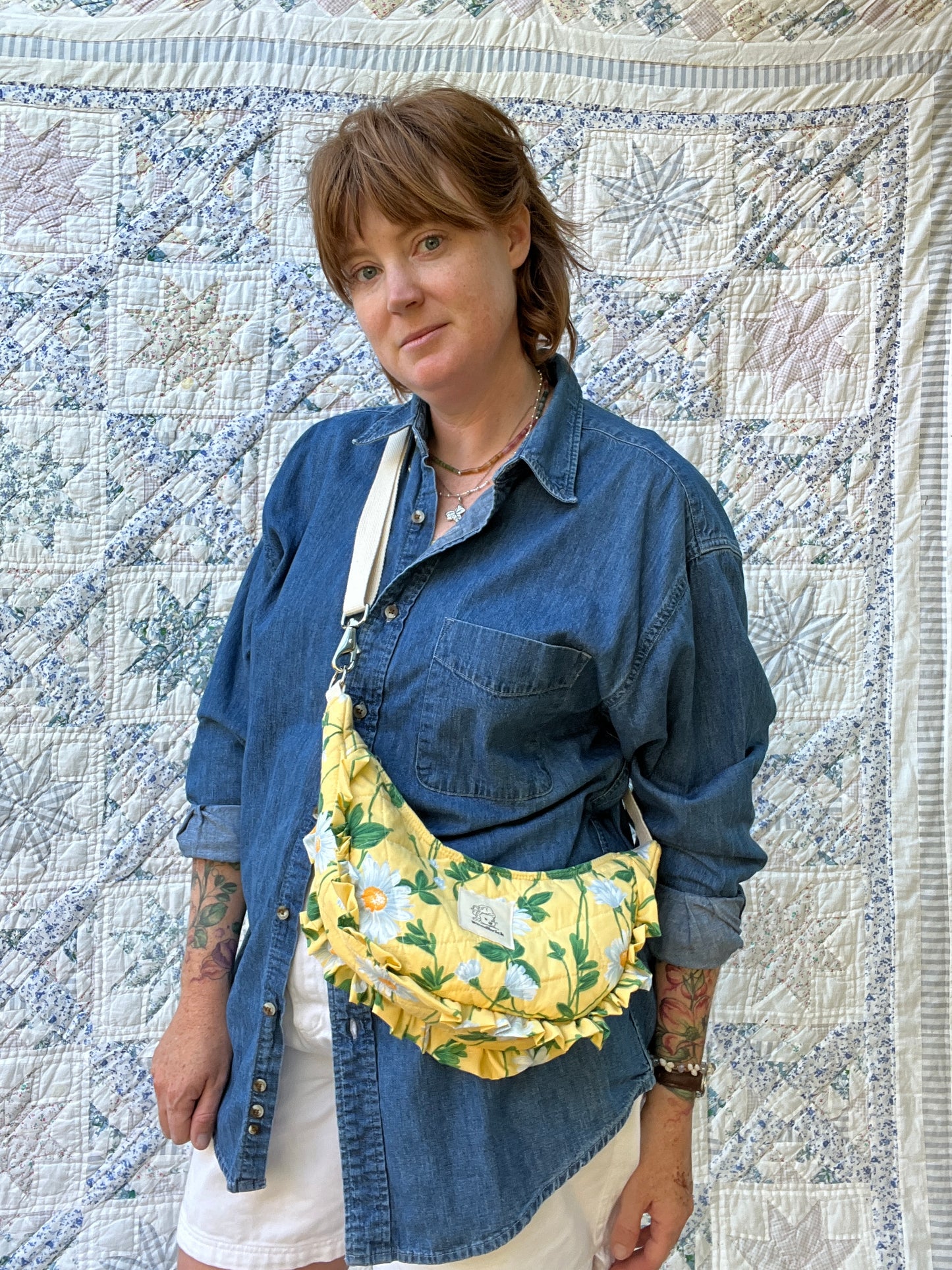 "Shasta" Quilted Upcycled Sidekick Crescent Bag with Ruffle