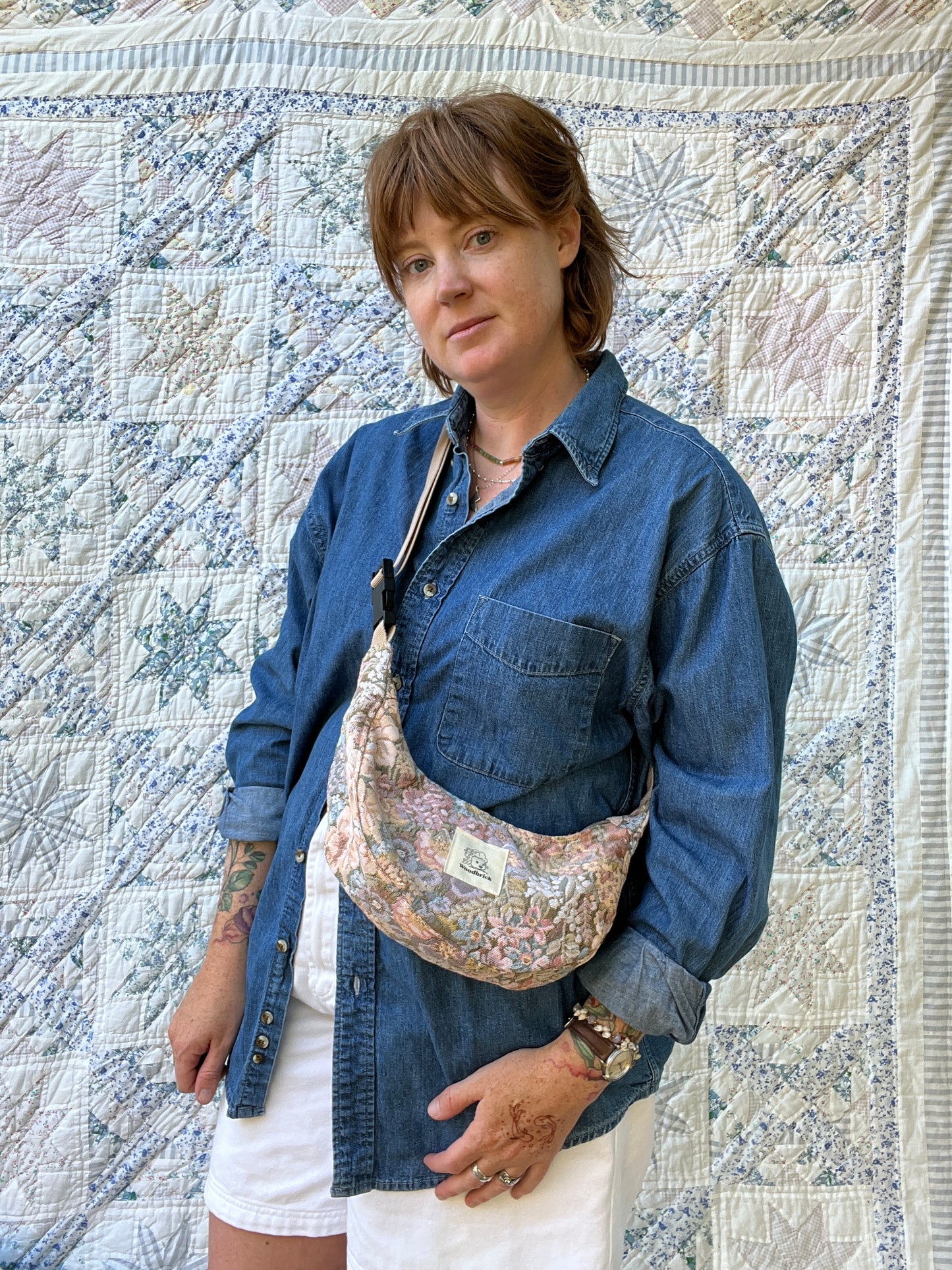 "Cottage Couch" Upcycled Upholstery Sidekick Crescent Bag
