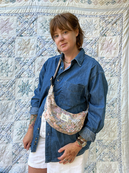 "Cottage Couch" Upcycled Upholstery Sidekick Crescent Bag
