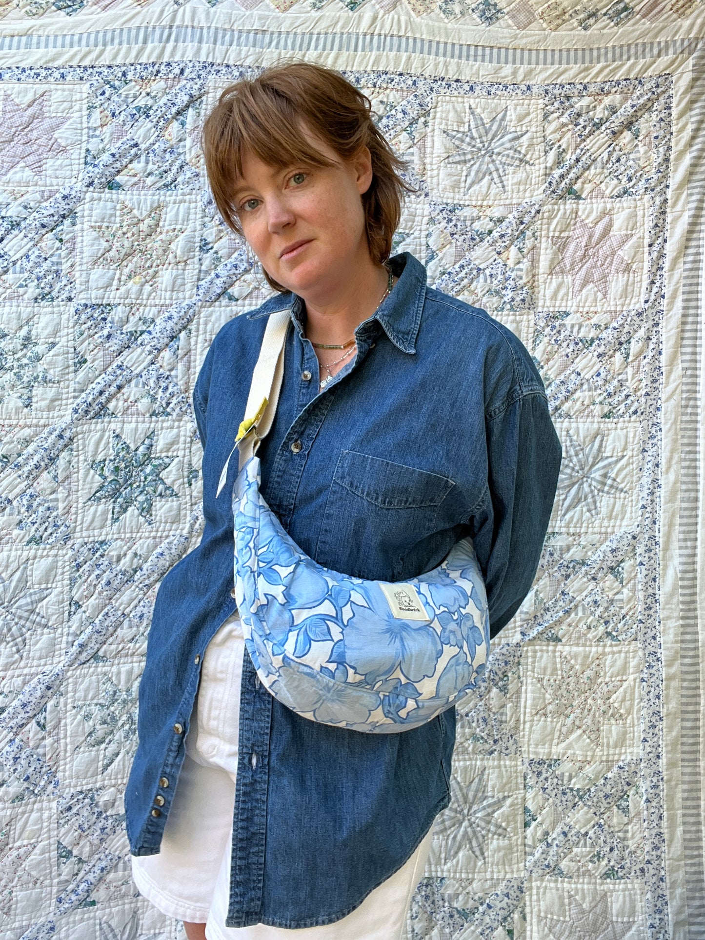 "Blue Sky" Vintage Sheet Upcycled Classic Crescent Bag