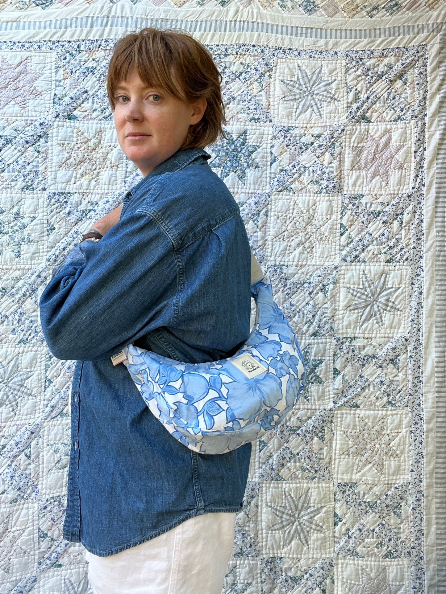 "Blue Sky" Vintage Sheet Upcycled Classic Crescent Bag