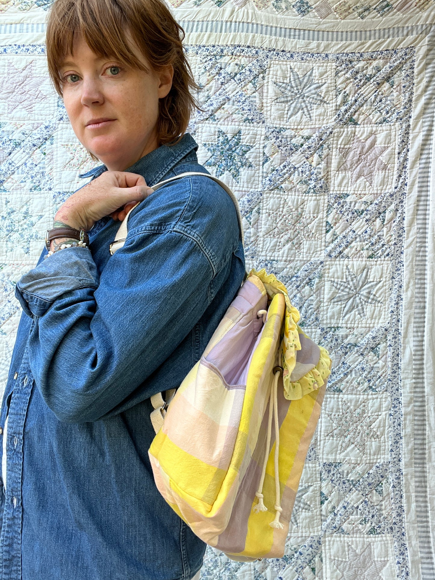 "Sunny Skies" Quilted Drawstring Backpack - Sample