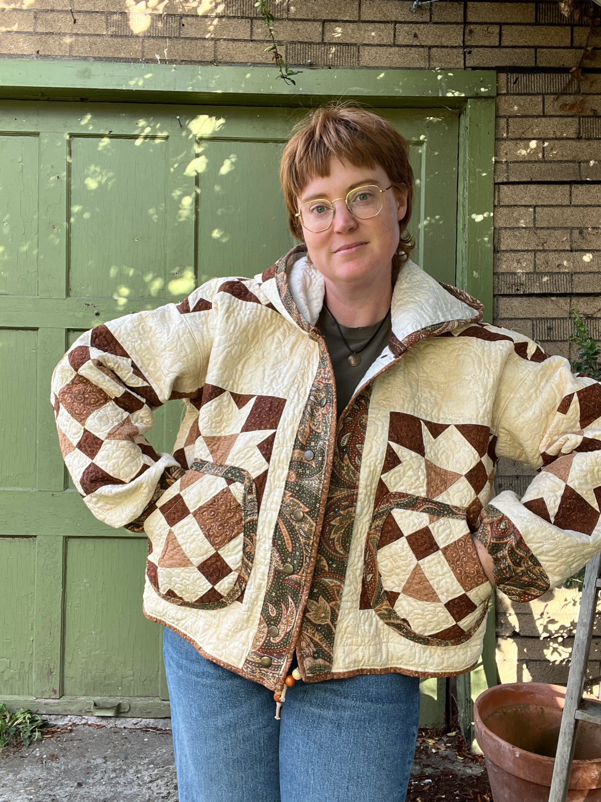 "Blooming Lattice" Upcycled Hooded Quilt Coat - L/XL