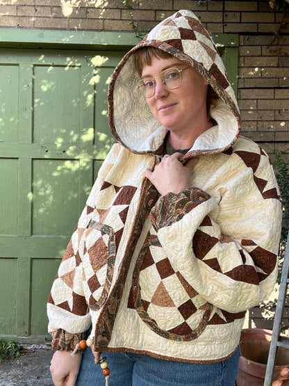 "Blooming Lattice" Upcycled Hooded Quilt Coat - L/XL