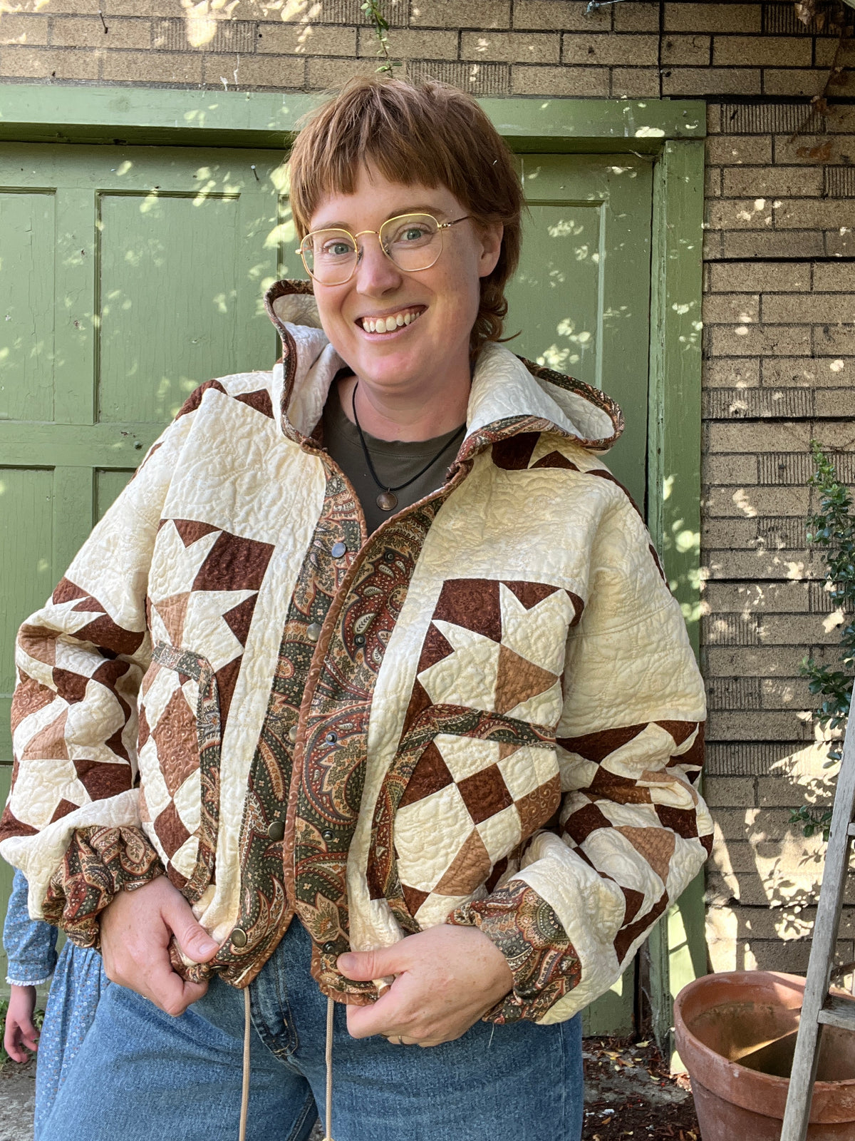 "Blooming Lattice" Upcycled Hooded Quilt Coat - L/XL