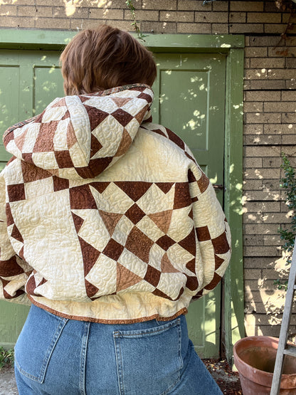 "Blooming Lattice" Upcycled Hooded Quilt Coat - L/XL
