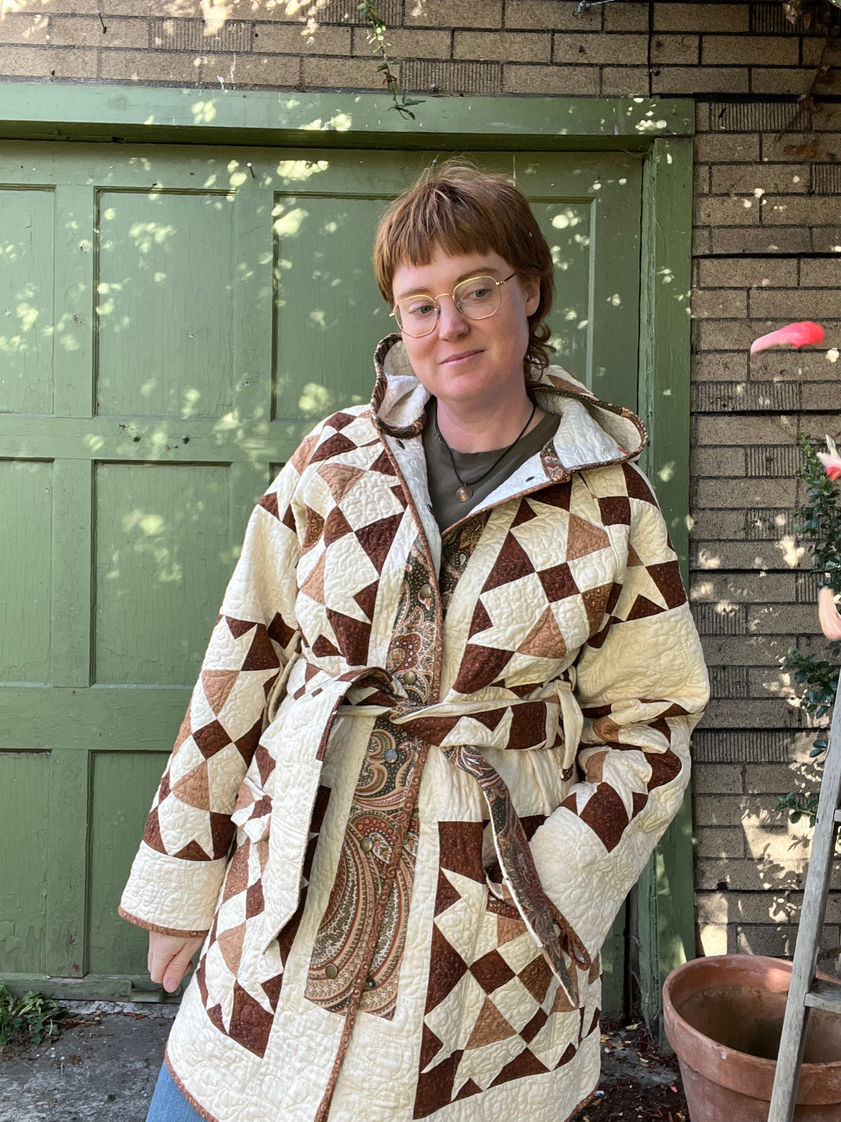"Victoria Fog" Raglan Sleeve Upcycled Quilt Coat - L