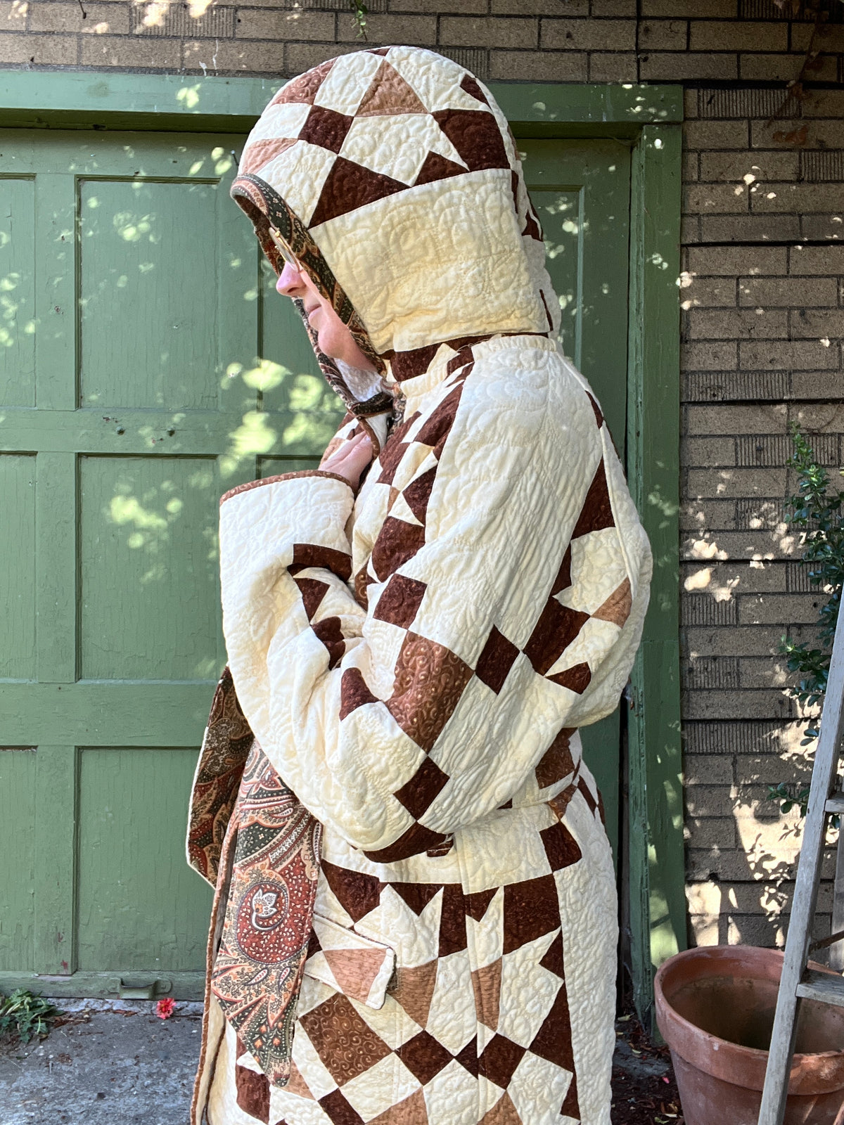 "Victoria Fog" Raglan Sleeve Upcycled Quilt Coat - L