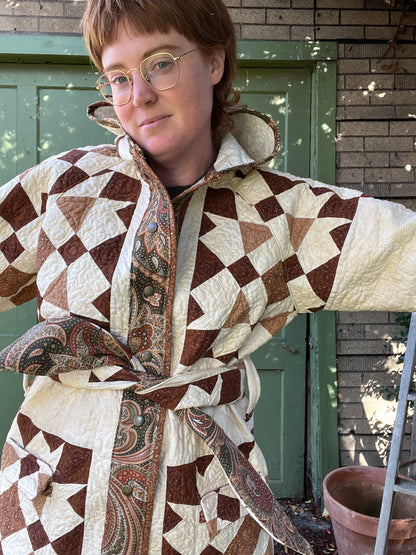 "Victoria Fog" Raglan Sleeve Upcycled Quilt Coat - L