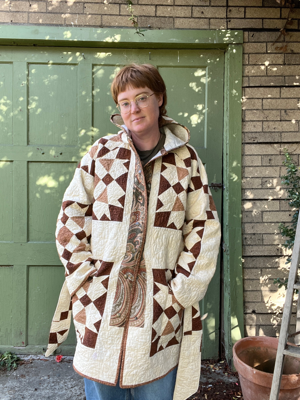 "Victoria Fog" Raglan Sleeve Upcycled Quilt Coat - L