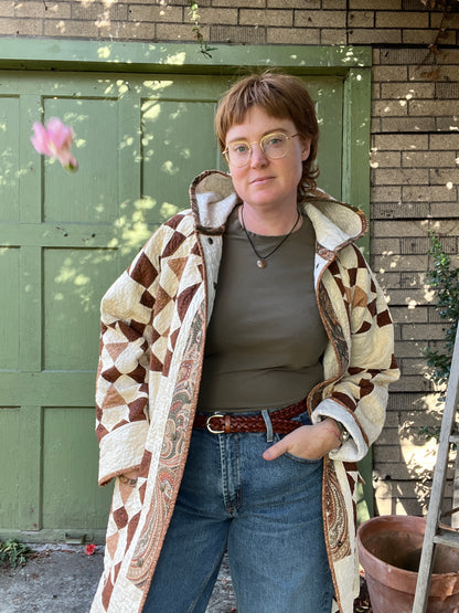 "Victoria Fog" Raglan Sleeve Upcycled Quilt Coat - L