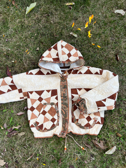 "Blooming Lattice" Upcycled Hooded Quilt Coat - L/XL