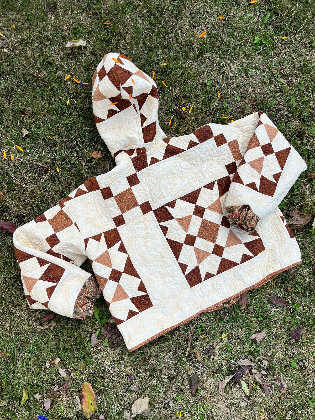 "Blooming Lattice" Upcycled Hooded Quilt Coat - L/XL