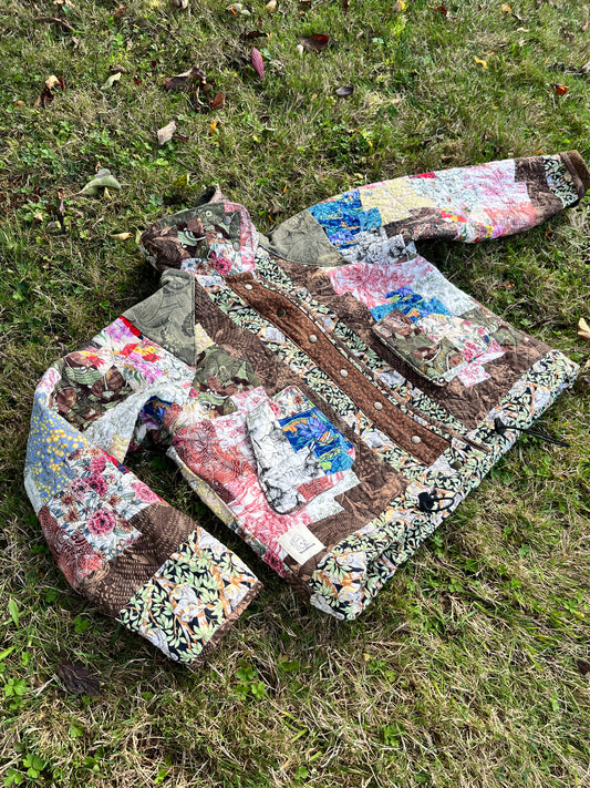 "Spring Down Under" Raglan Sleeve Upcycled Quilt Coat - XL