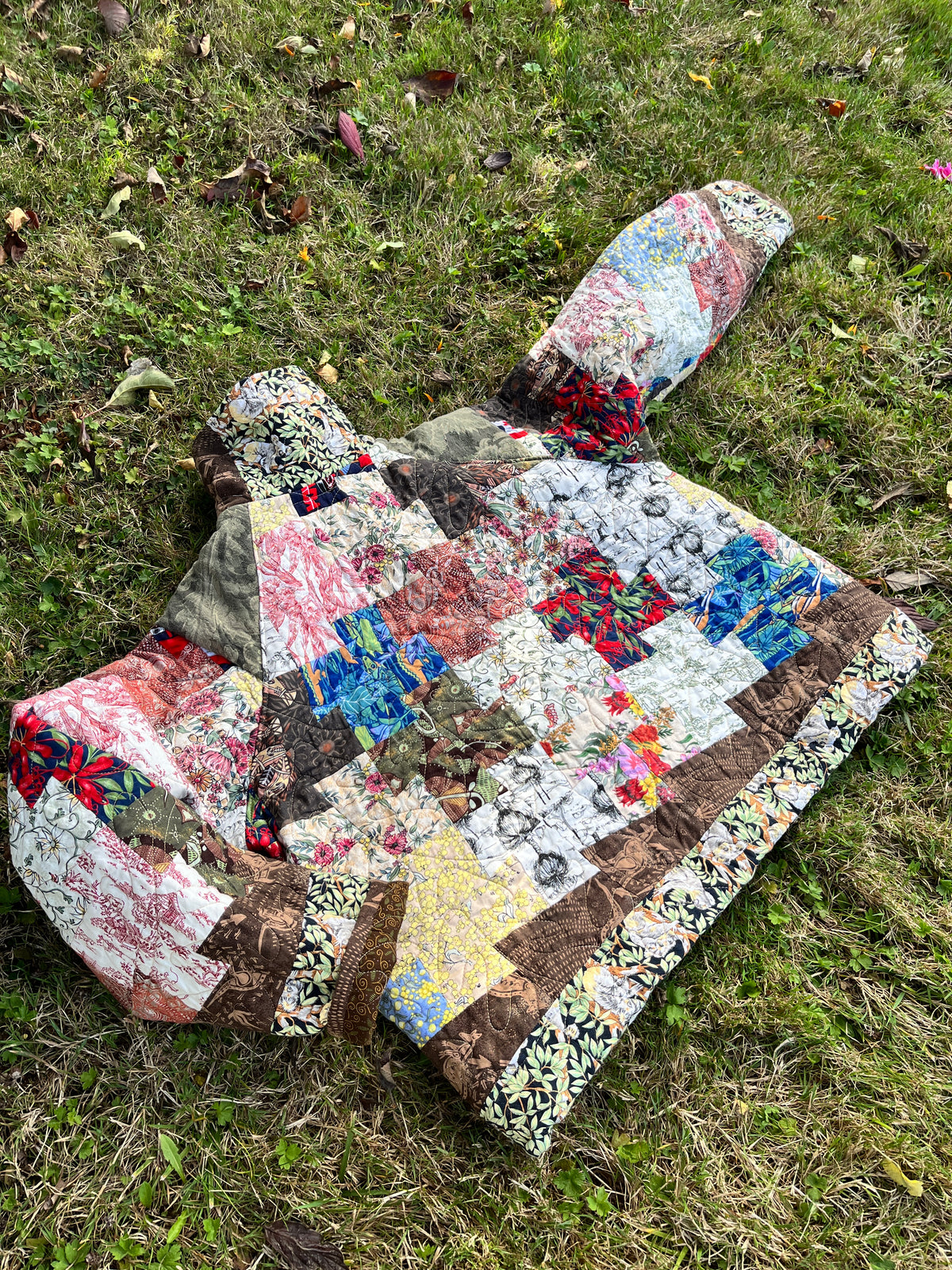"Spring Down Under" Raglan Sleeve Upcycled Quilt Coat - XL