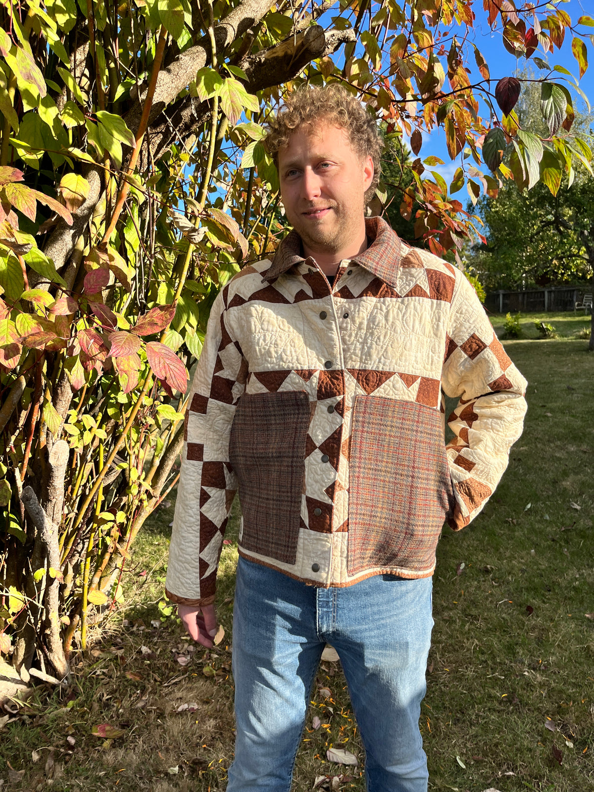 "Rustling Leaves" Upcycled Quilt Coat - Chore Coat - L/XL