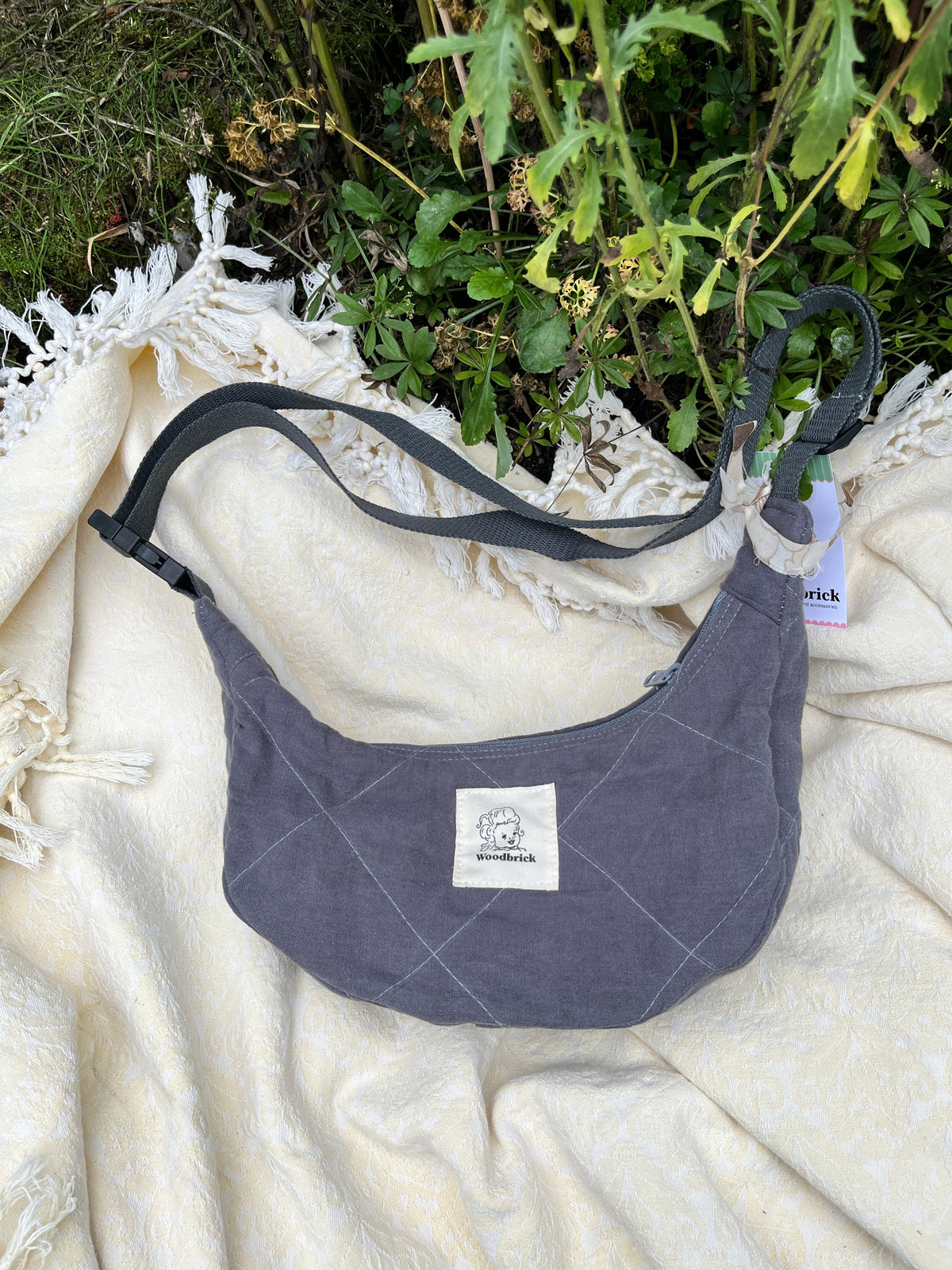 "Wood Smoke" Quilted Linen Sidekick Crescent Bag
