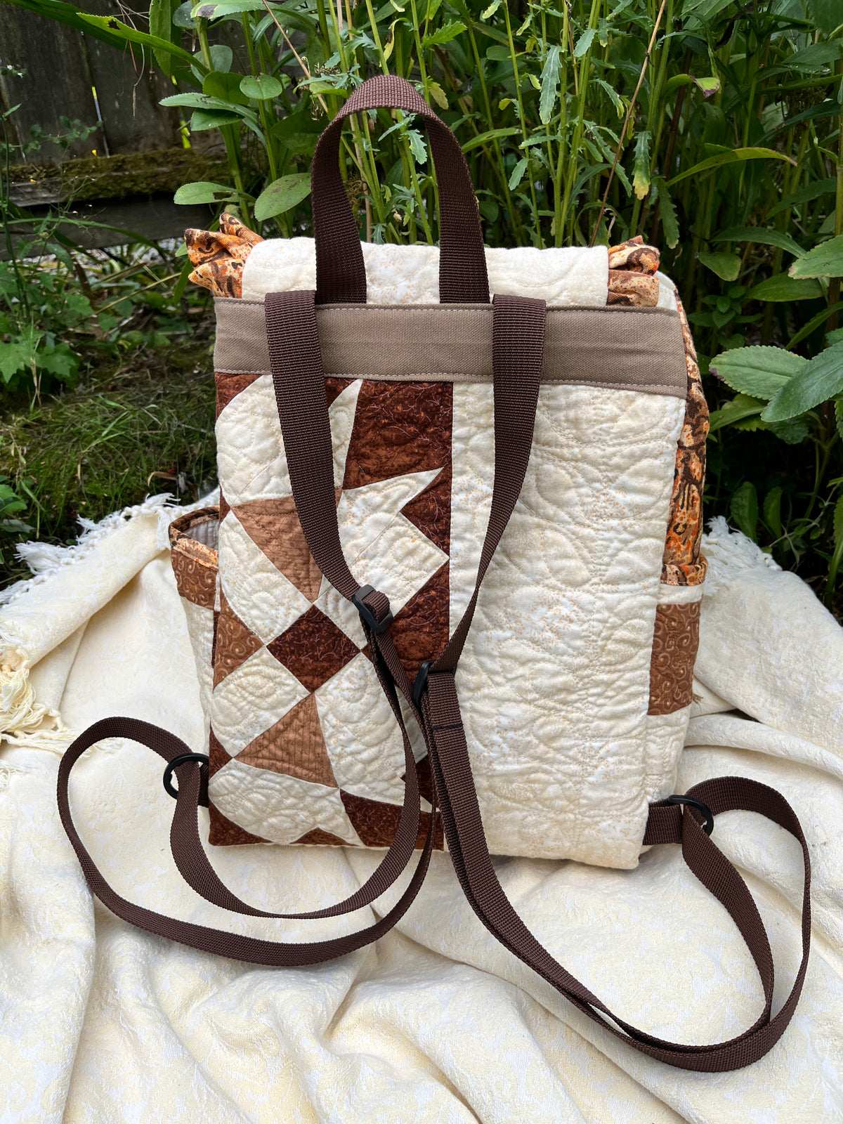 "Blooming Lattics" Upcycled Quilt Drawstring Backpack