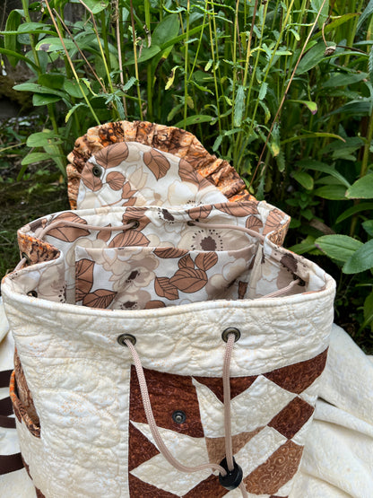 "Blooming Lattics" Upcycled Quilt Drawstring Backpack