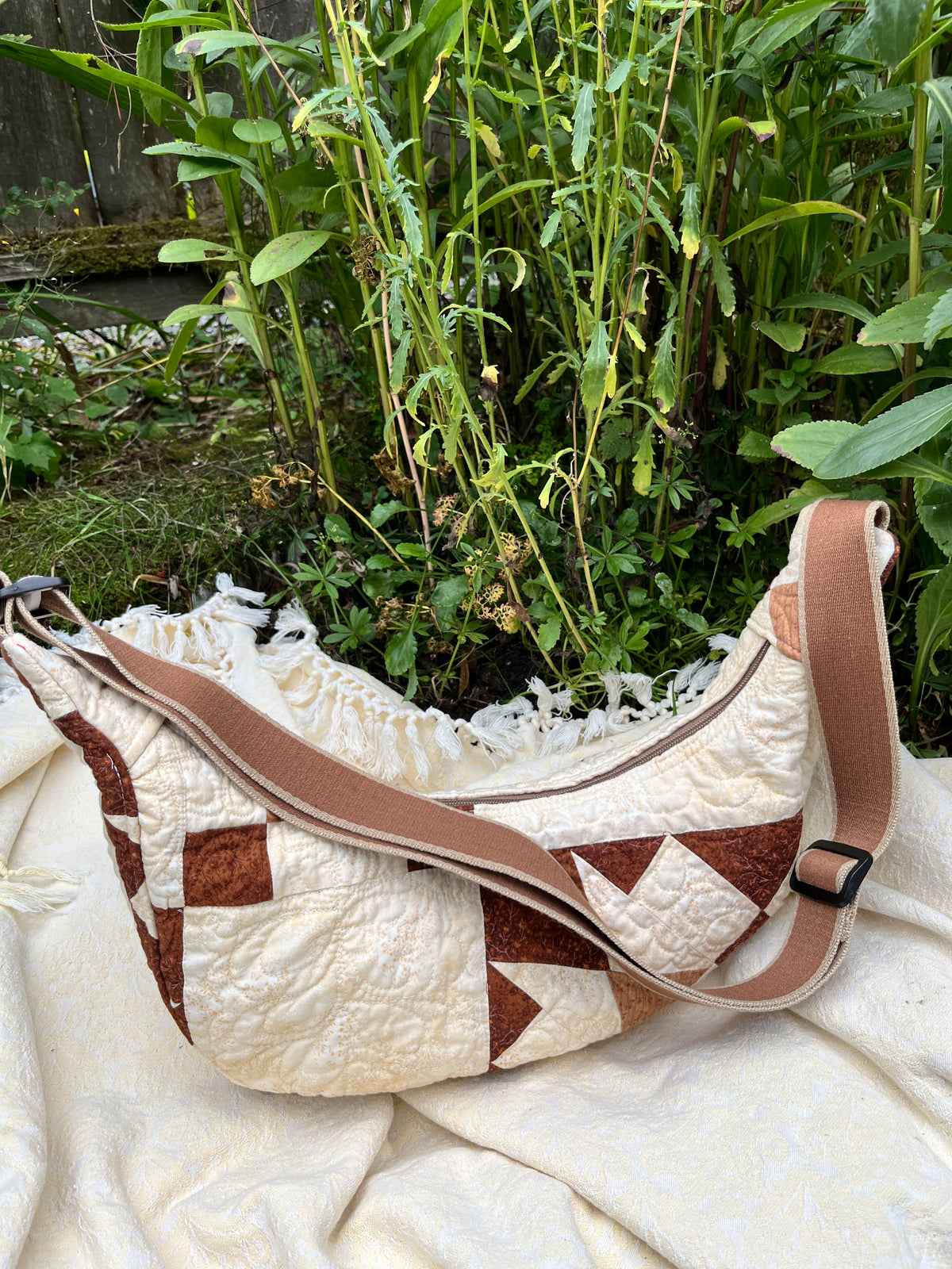 "Blooming Lattice" Upcycled Quilt Classic Crescent Bag