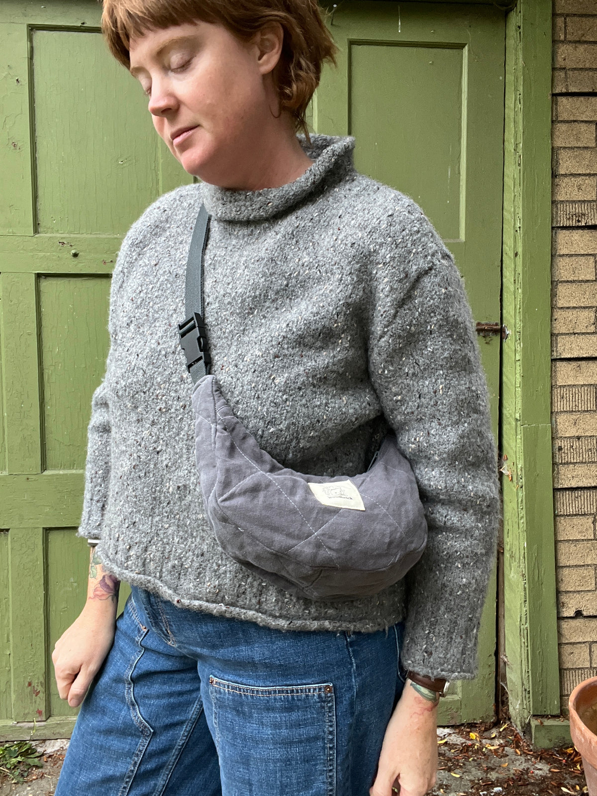 "Wood Smoke" Quilted Linen Sidekick Crescent Bag