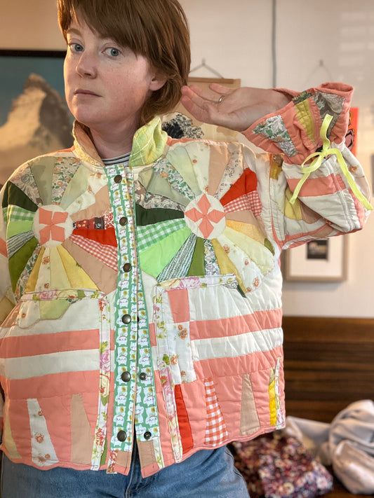 “Fuzzy Peaches” Quilt Coat - L