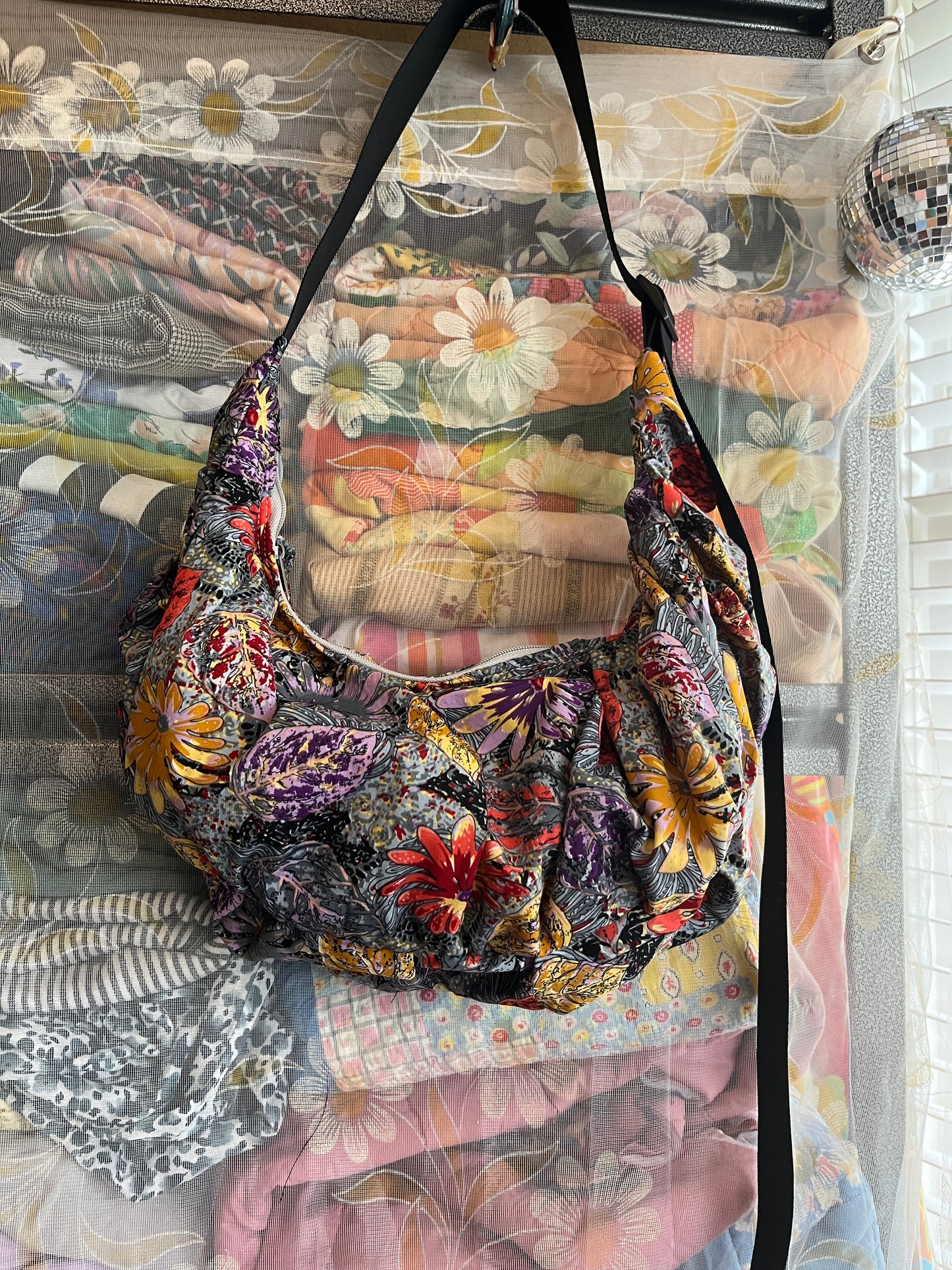 "Garden Under Snow" Ruched Crescent Bag