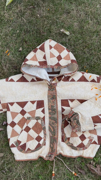 "Blooming Lattice" Upcycled Hooded Quilt Coat - L/XL