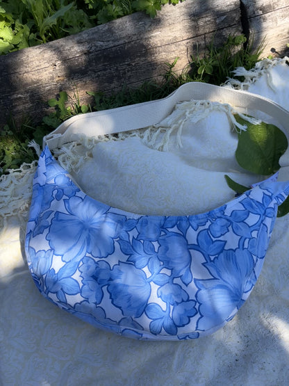 "Blue Sky" Vintage Sheet Upcycled Classic Crescent Bag